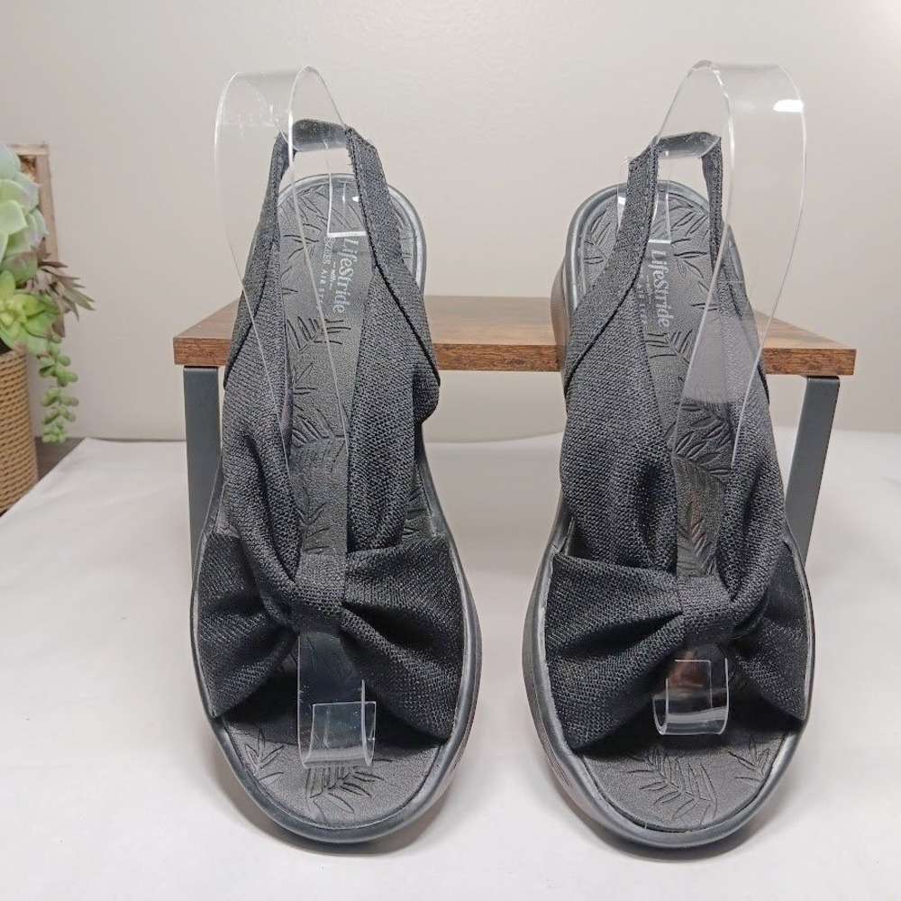 LifeStride Bzees Air Step Wedge Sandals Womens 7 Black Good Twist Knot Slingback